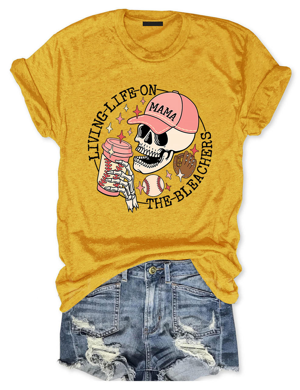 Living Life on the Bleachers Mama Skull Baseball Mom T-shirt