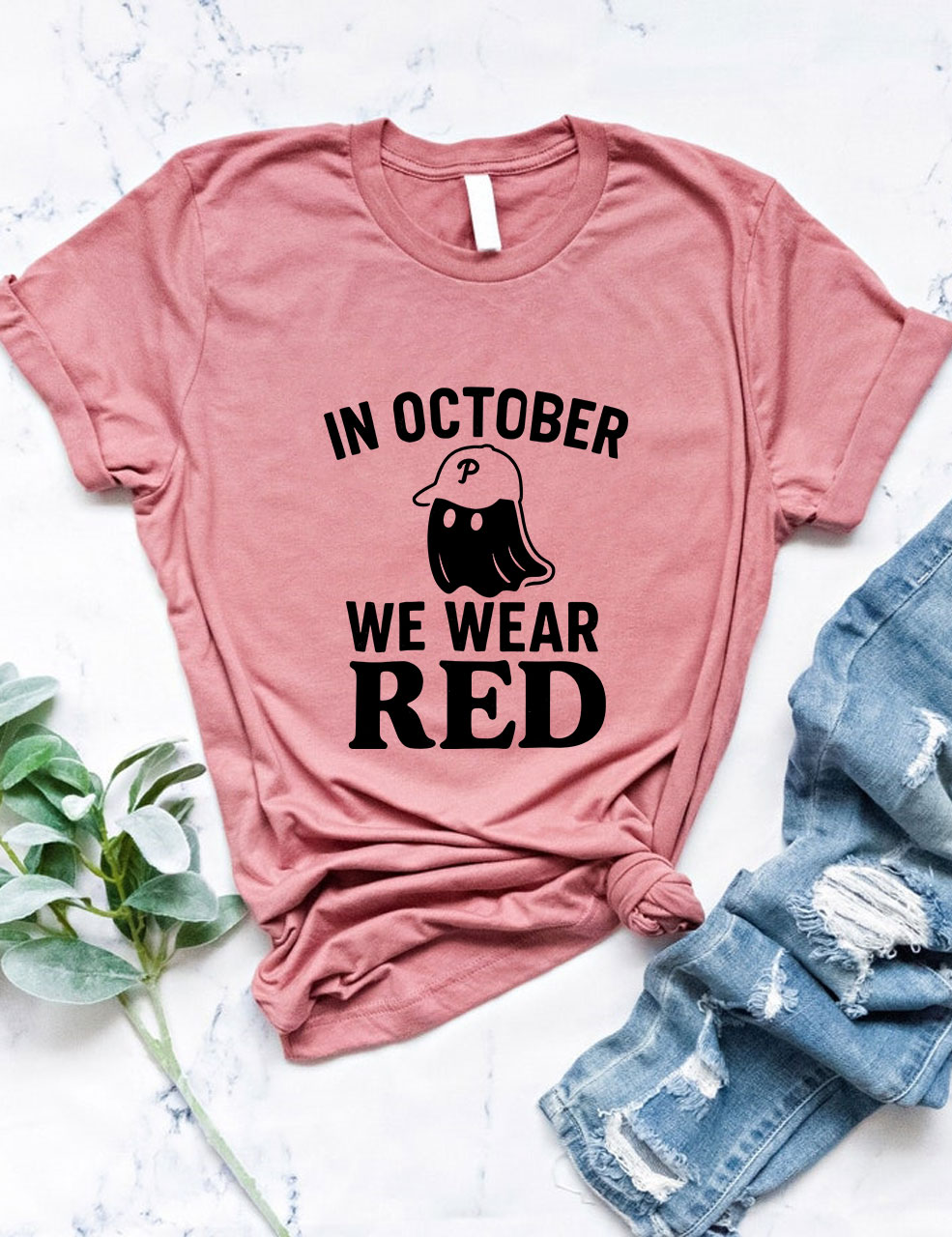 In October We Wear Red Ghost Philly Baseball T-Shirt