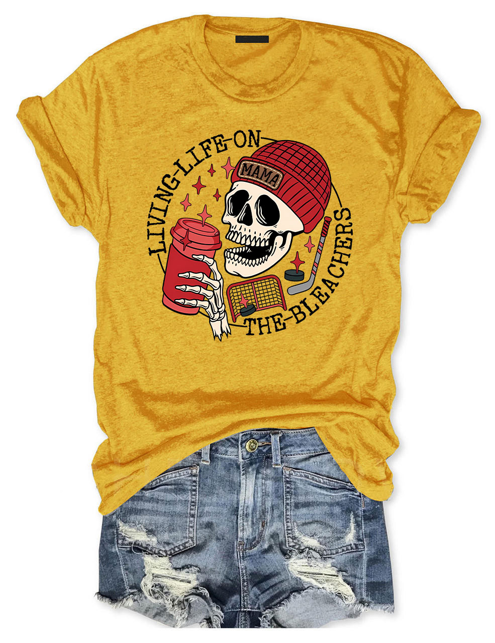Living Life on the Bleachers Mama Skull Hockey Mom T-shirt