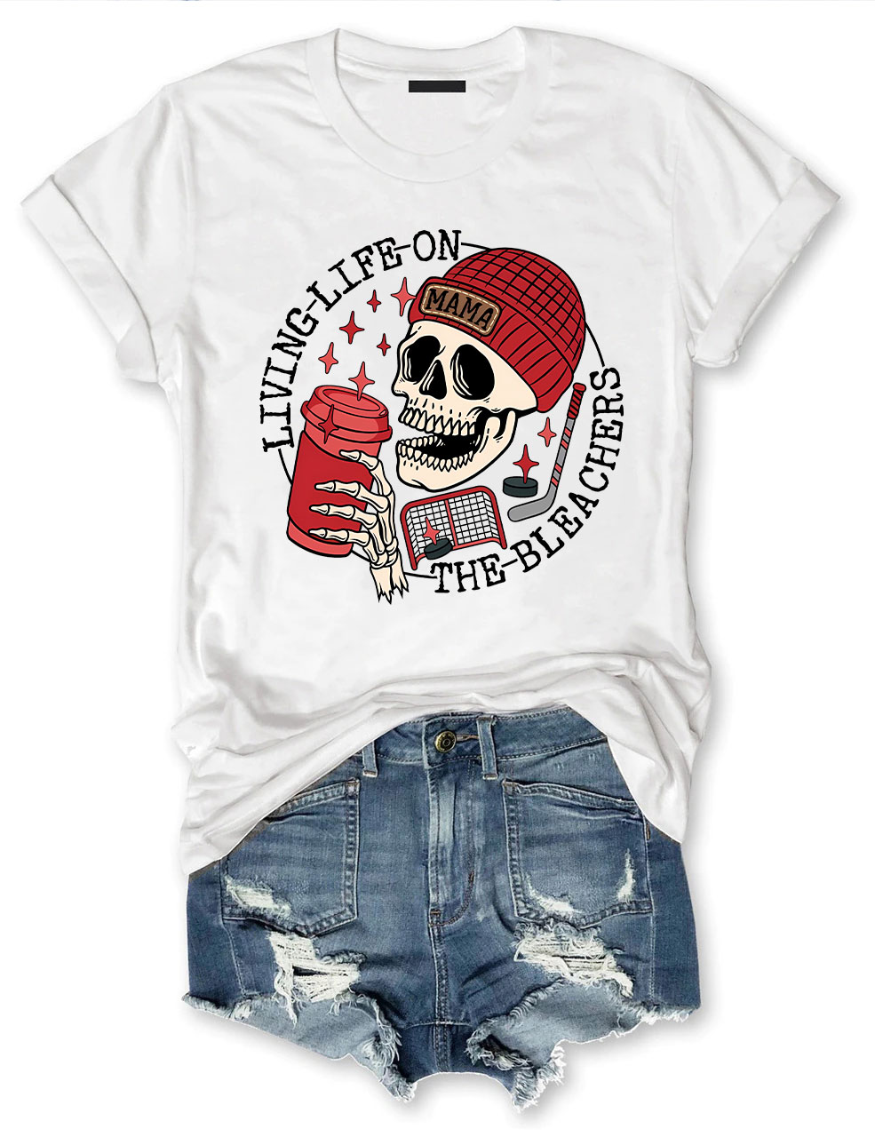 Living Life on the Bleachers Mama Skull Hockey Mom T-shirt