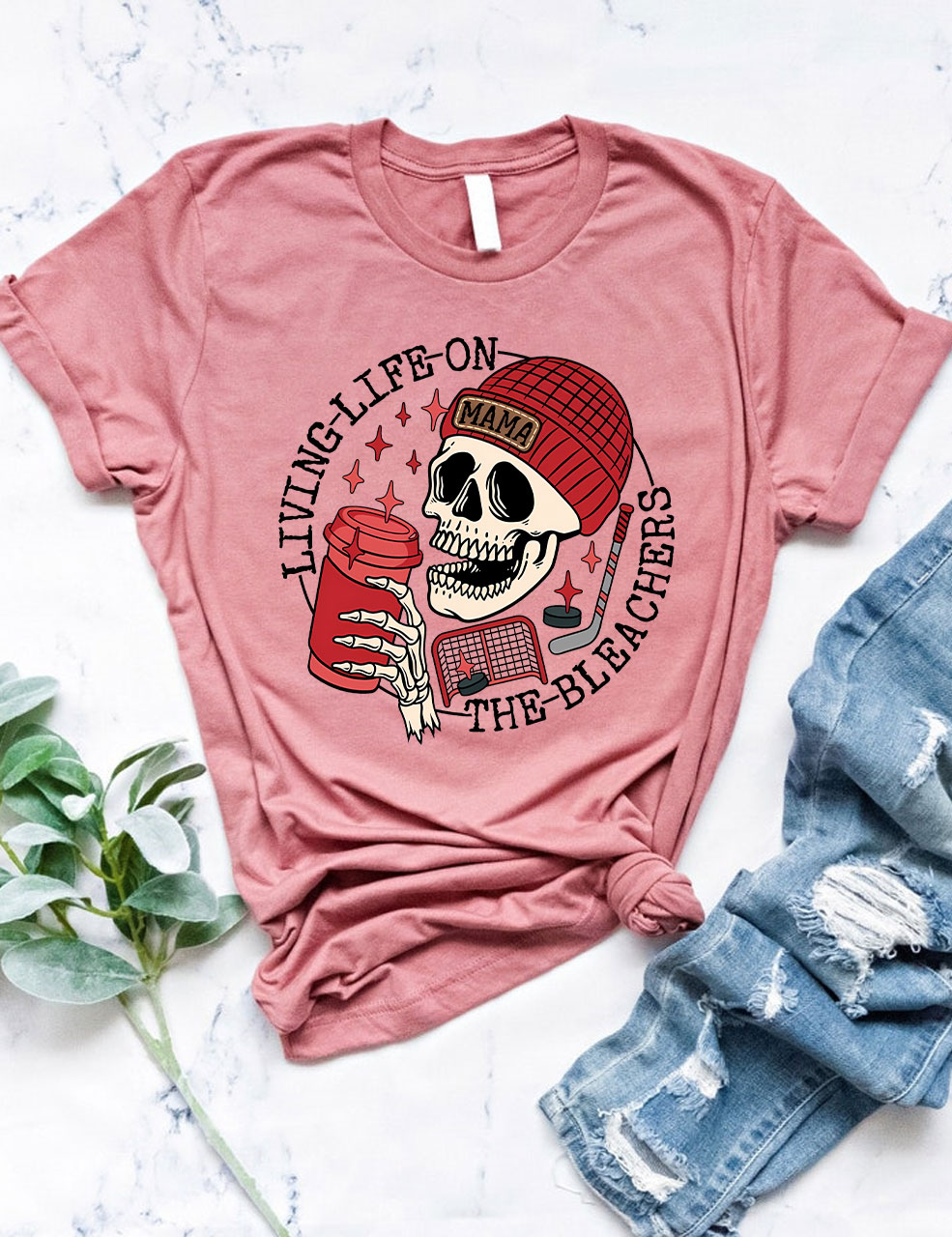 Living Life on the Bleachers Mama Skull Hockey Mom T-shirt