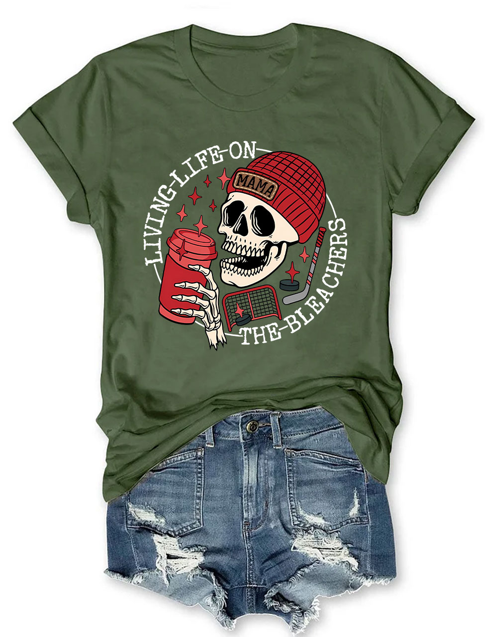 Living Life on the Bleachers Mama Skull Hockey Mom T-shirt