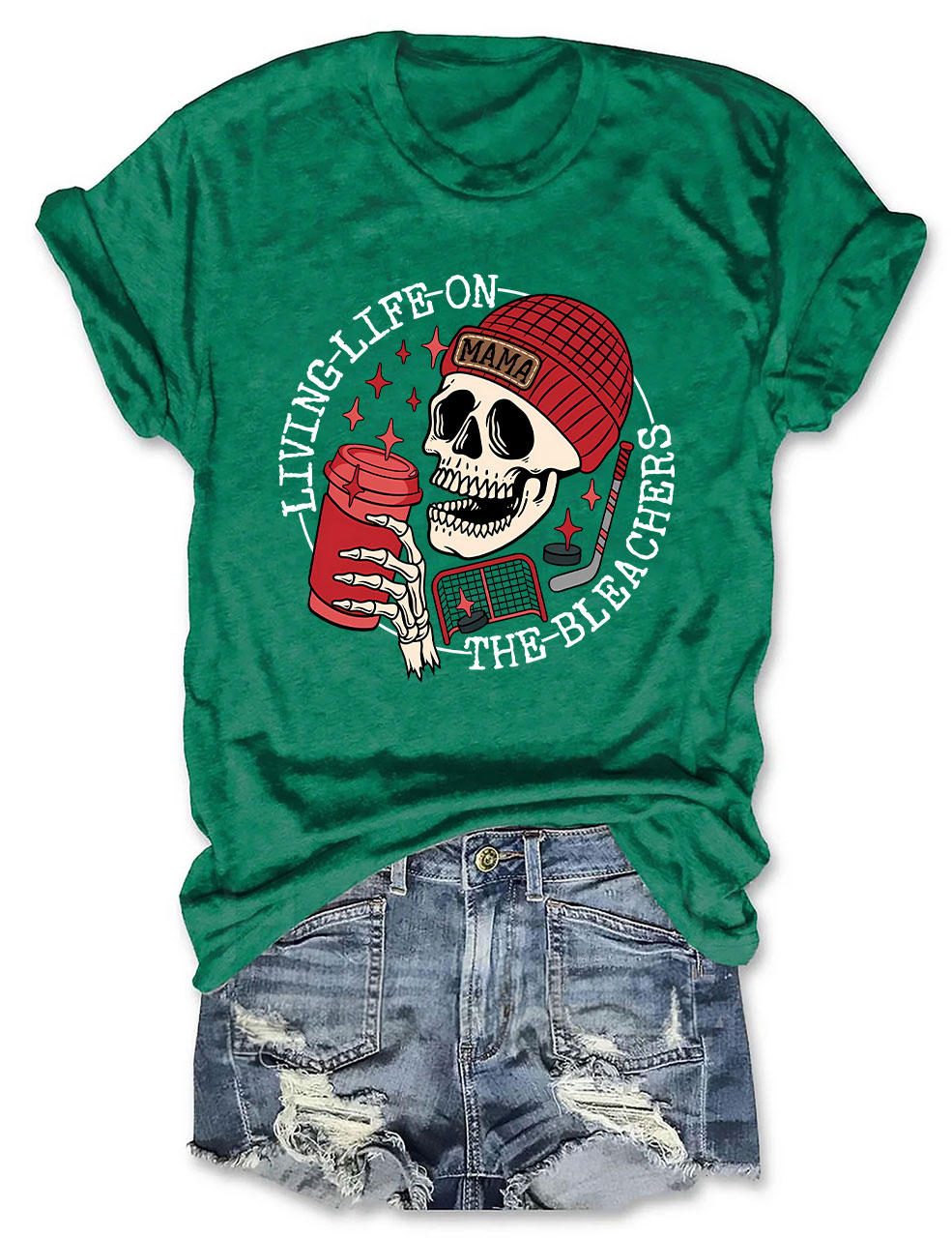Living Life on the Bleachers Mama Skull Hockey Mom T-shirt