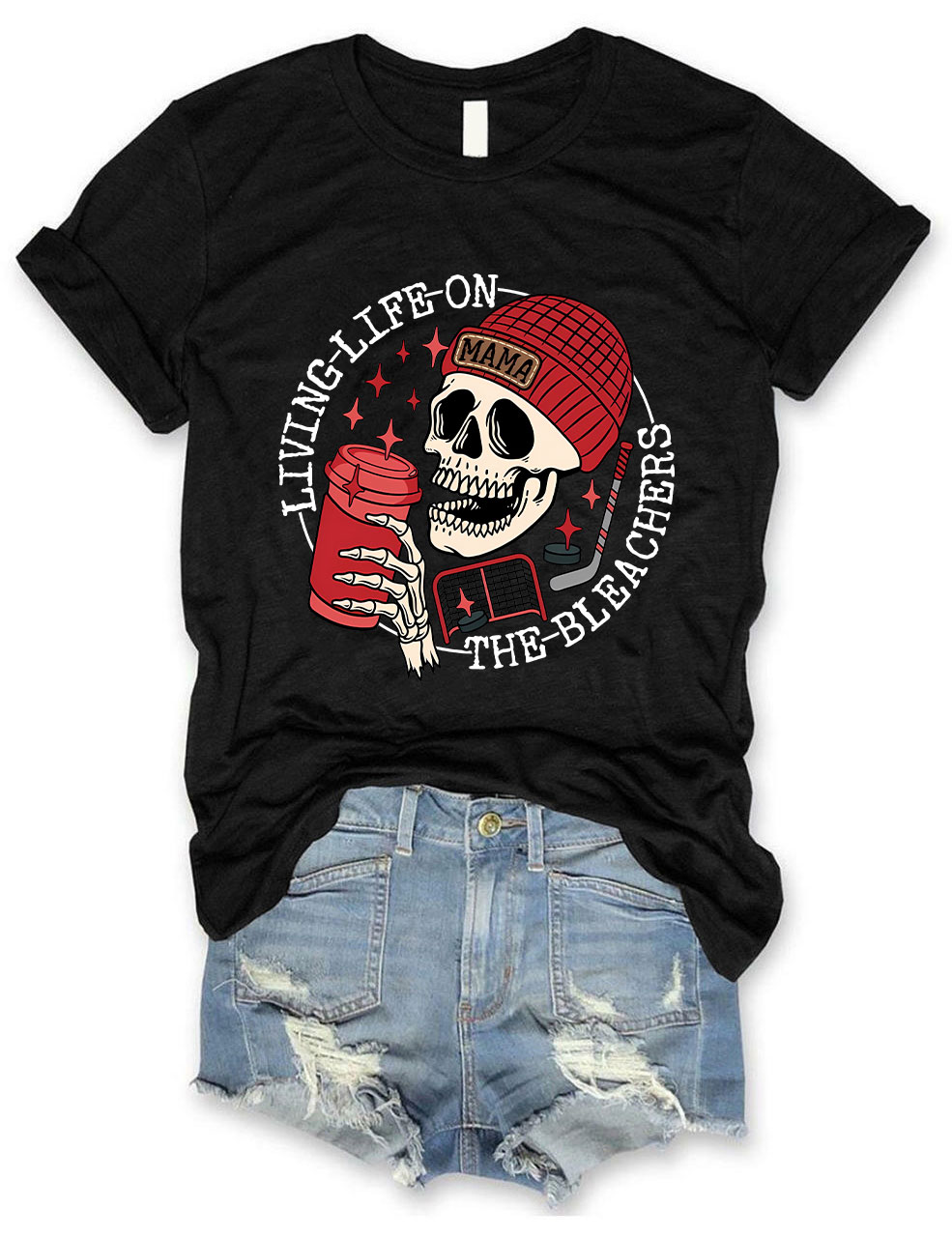Living Life on the Bleachers Mama Skull Hockey Mom T-shirt