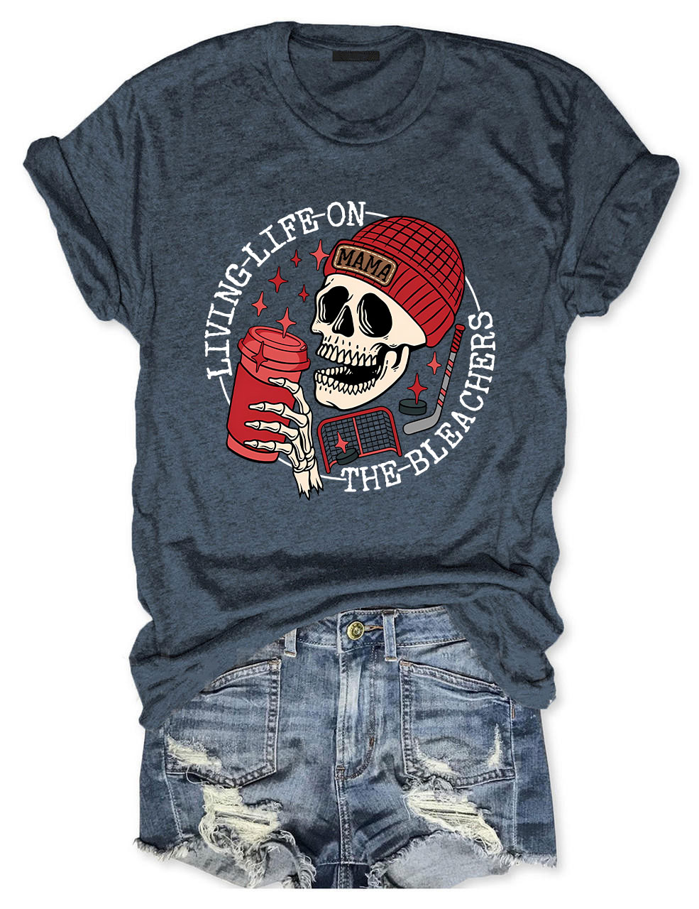 Living Life on the Bleachers Mama Skull Hockey Mom T-shirt