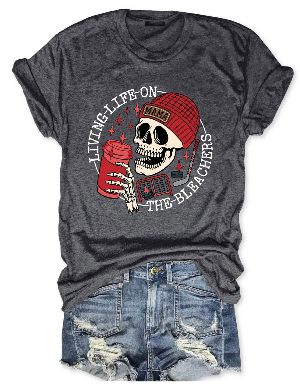 Living Life on the Bleachers Mama Skull Hockey Mom T-shirt