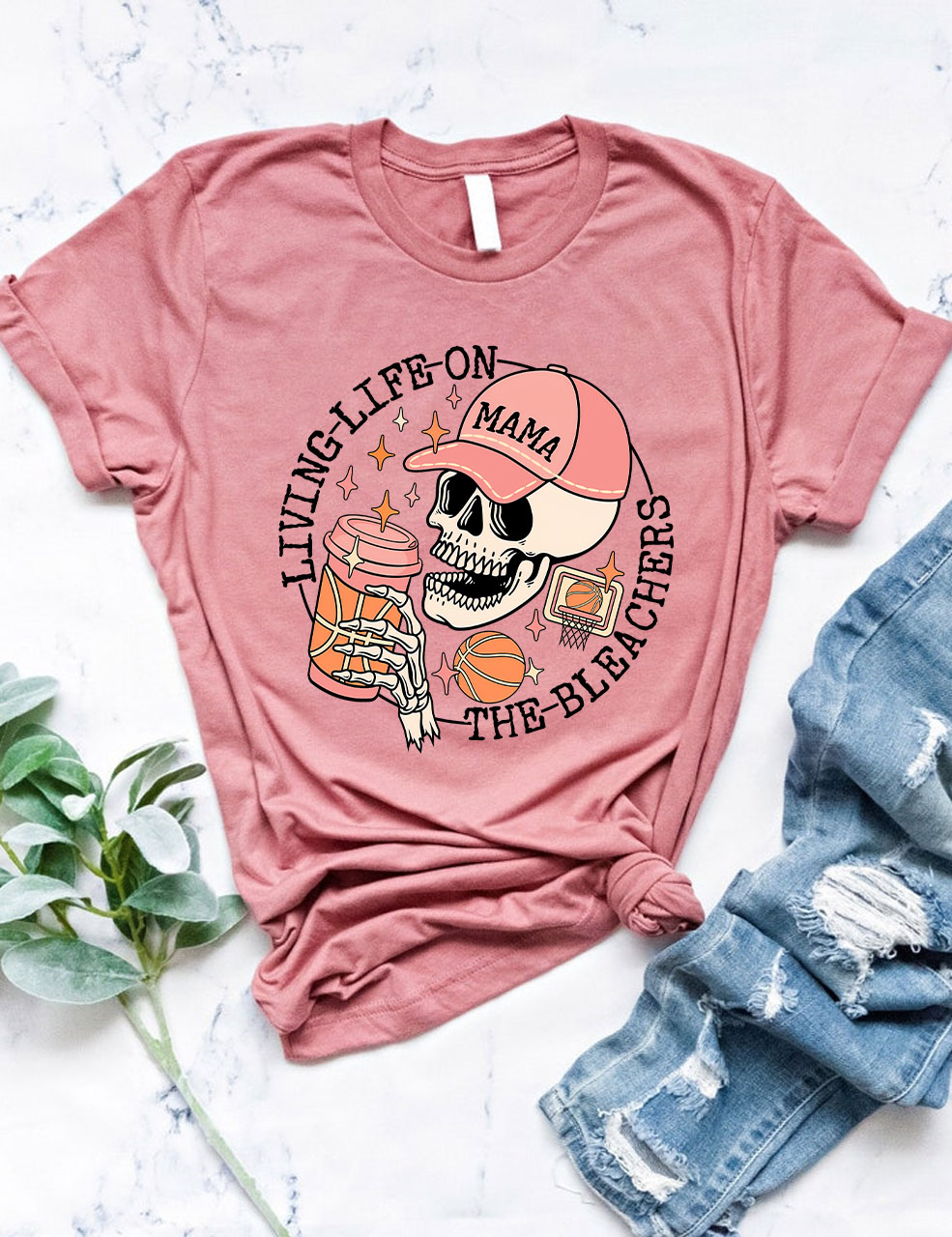 Living Life on the Bleachers Mama Skull Basketball Mom T-shirt