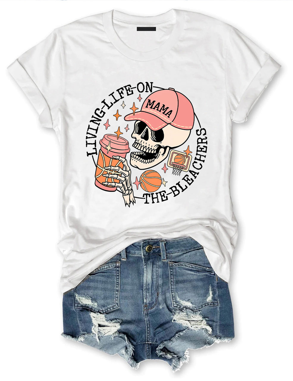 Living Life on the Bleachers Mama Skull Basketball Mom T-shirt