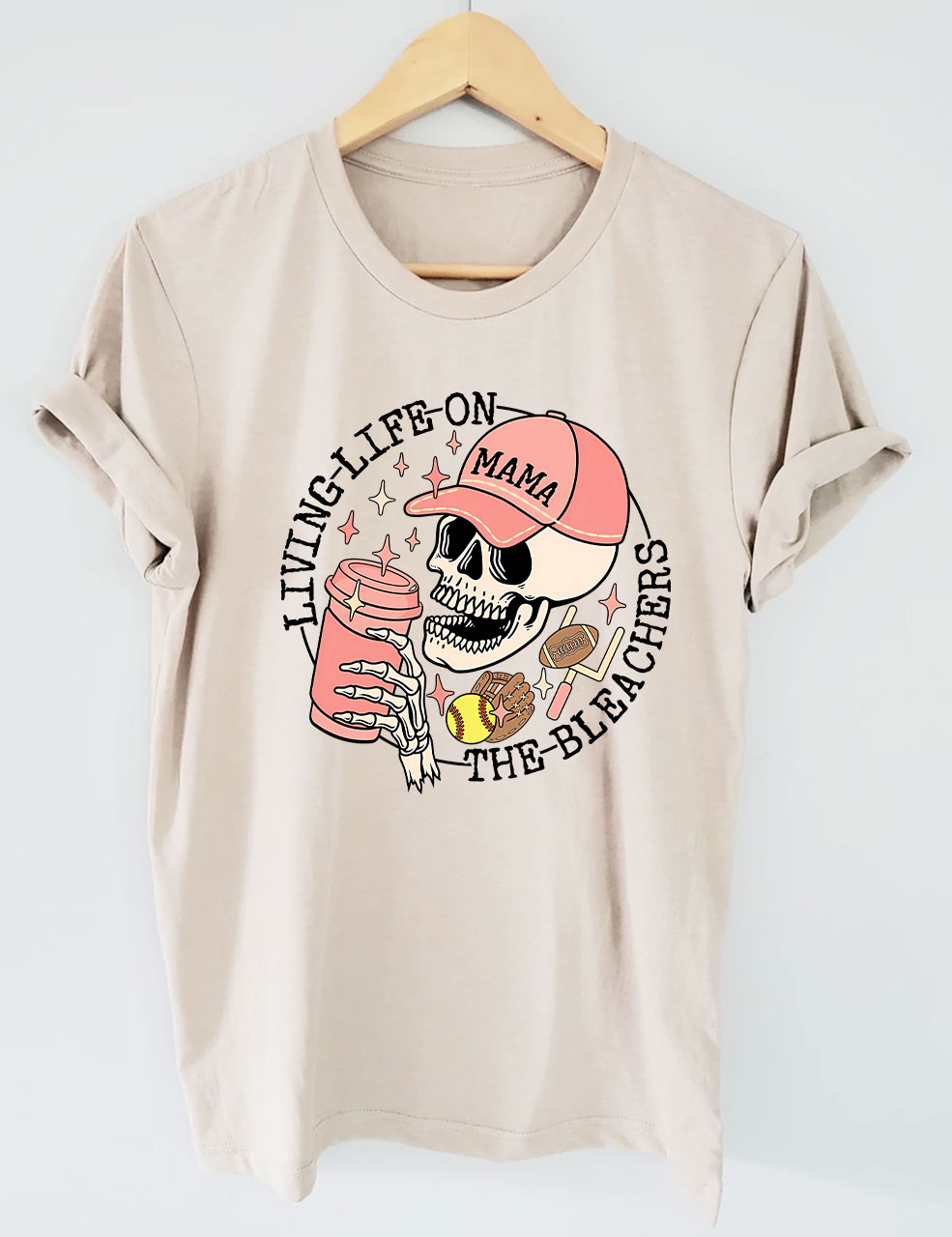 Living Life on the Bleachers Mama Skull Sports and Coffee T-shirt