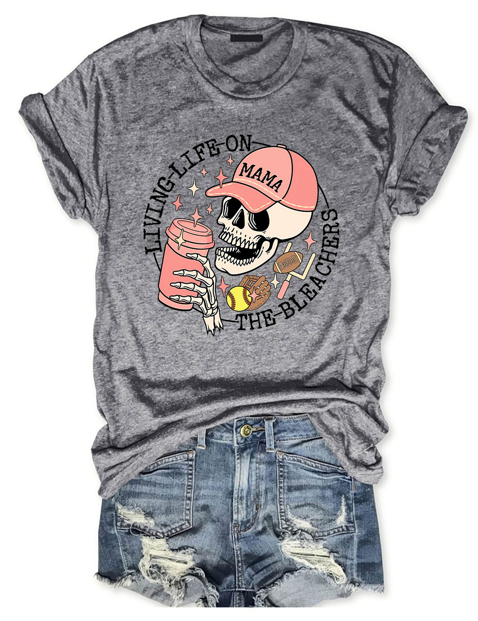 Living Life on the Bleachers Mama Skull Sports and Coffee T-shirt