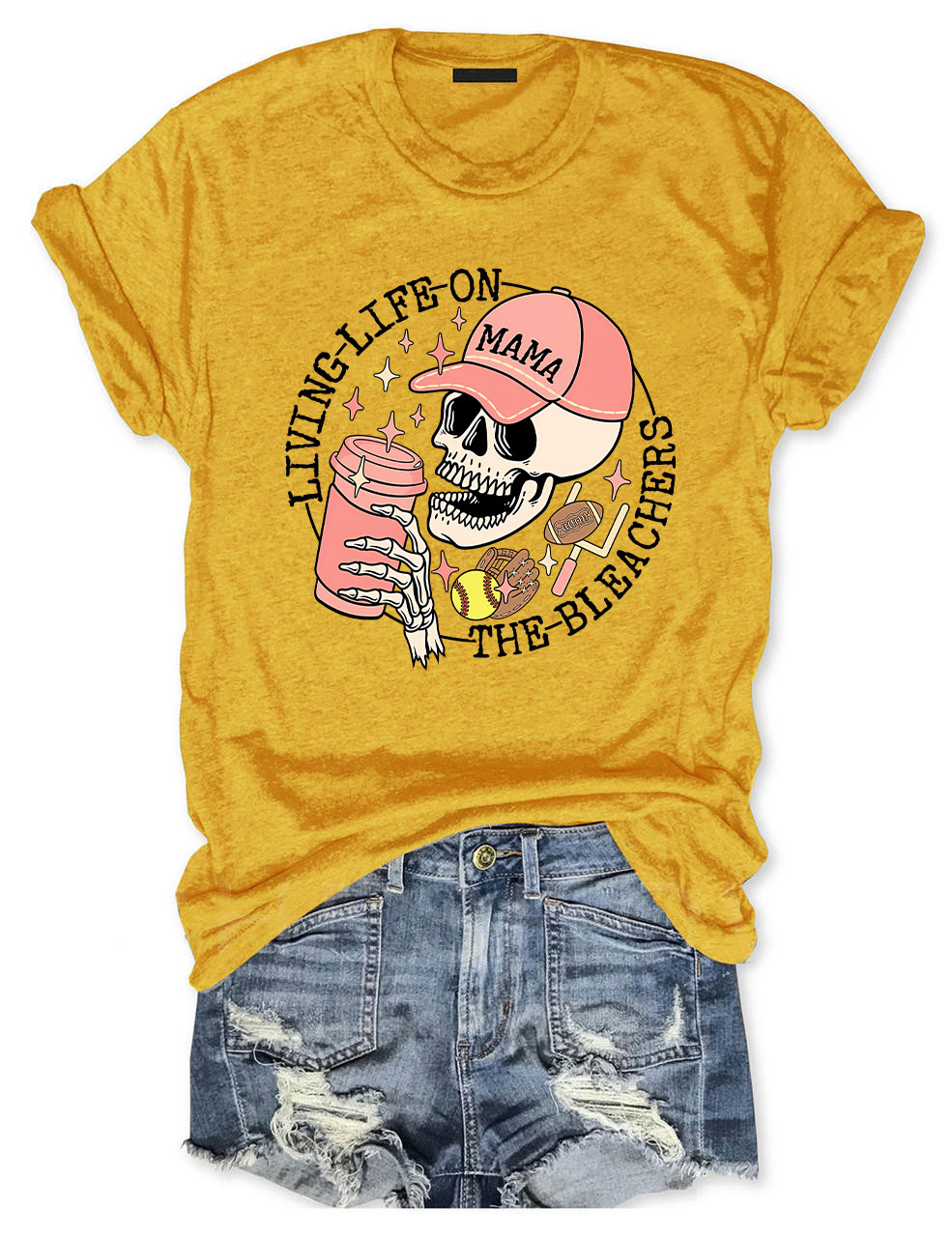 Living Life on the Bleachers Mama Skull Sports and Coffee T-shirt