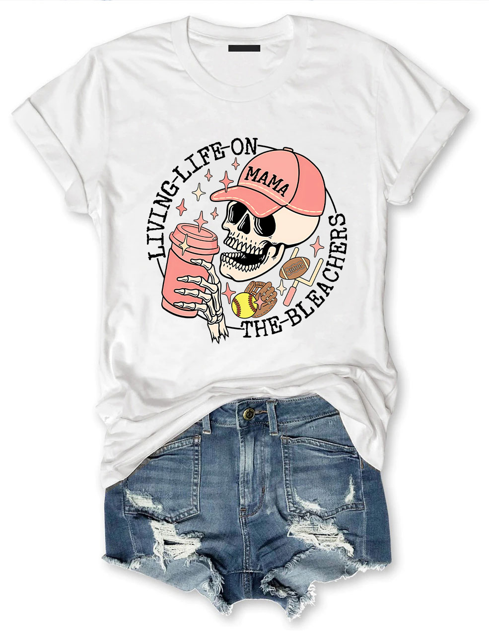 Living Life on the Bleachers Mama Skull Sports and Coffee T-shirt