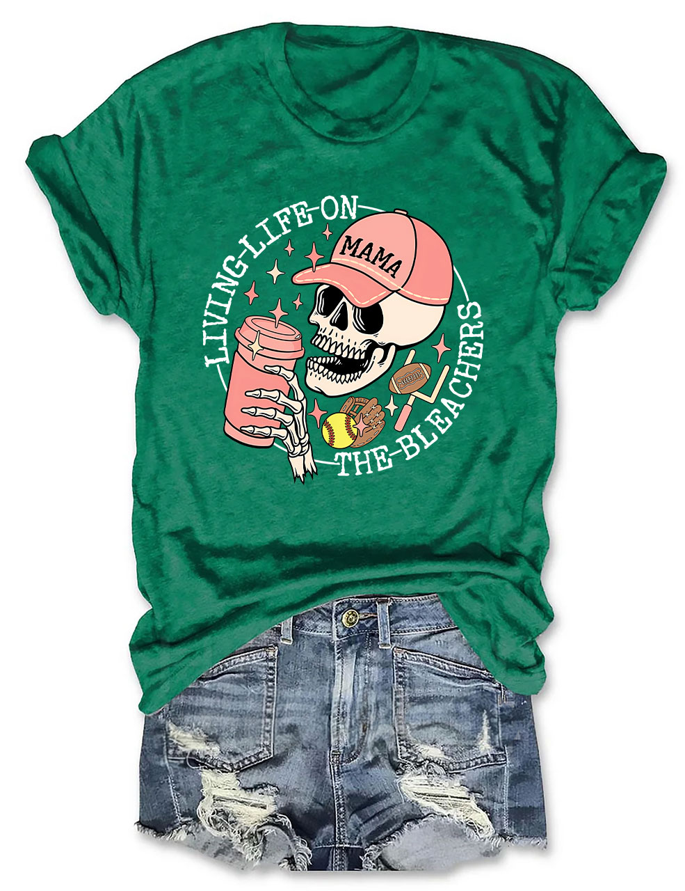 Living Life on the Bleachers Mama Skull Sports and Coffee T-shirt
