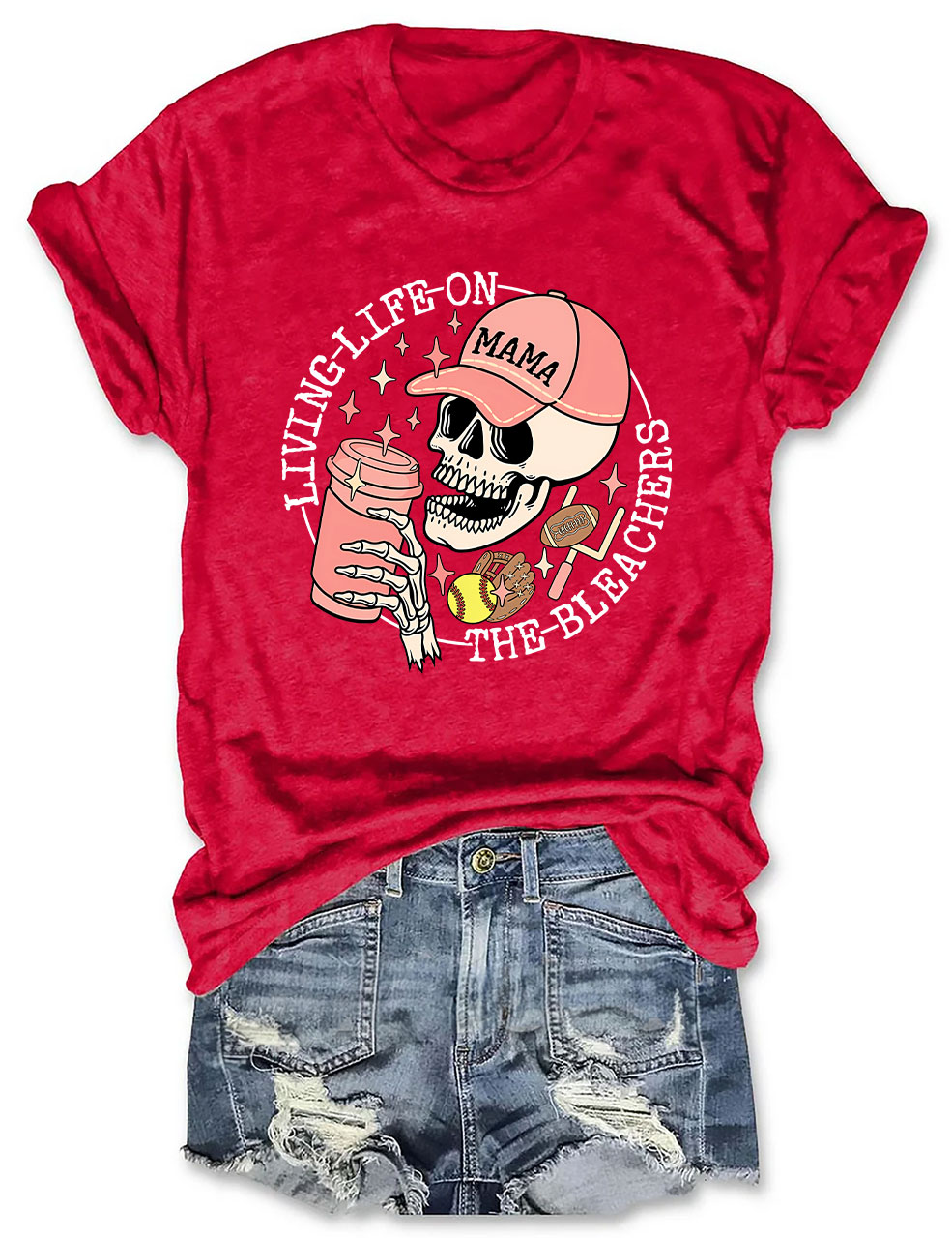 Living Life on the Bleachers Mama Skull Sports and Coffee T-shirt