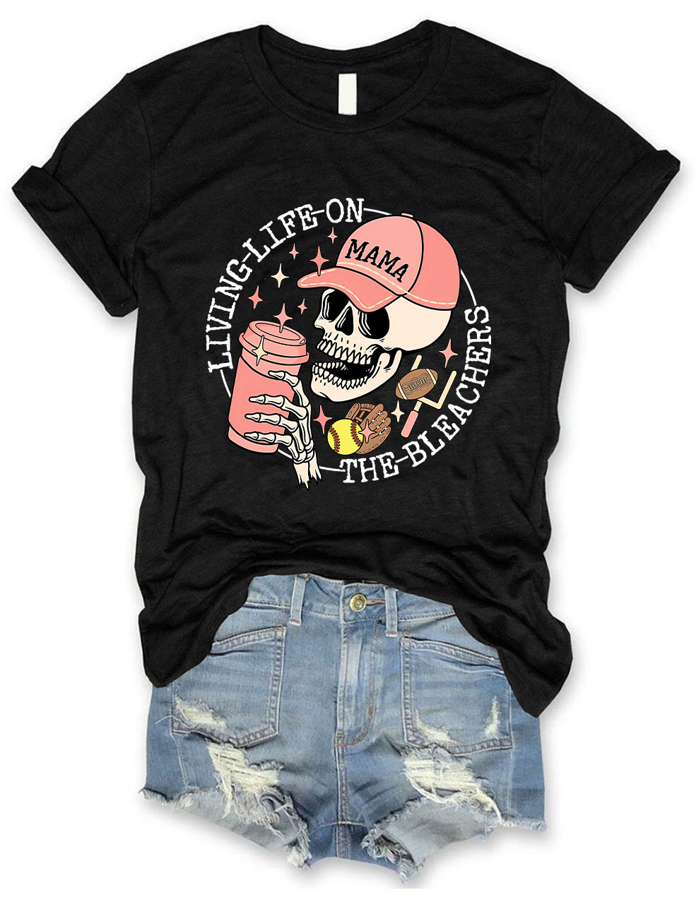 Living Life on the Bleachers Mama Skull Sports and Coffee T-shirt