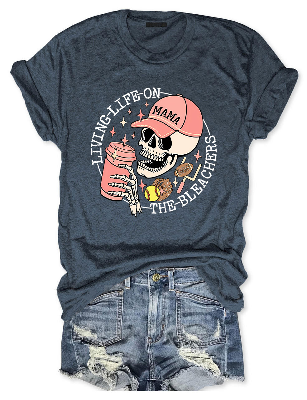 Living Life on the Bleachers Mama Skull Sports and Coffee T-shirt