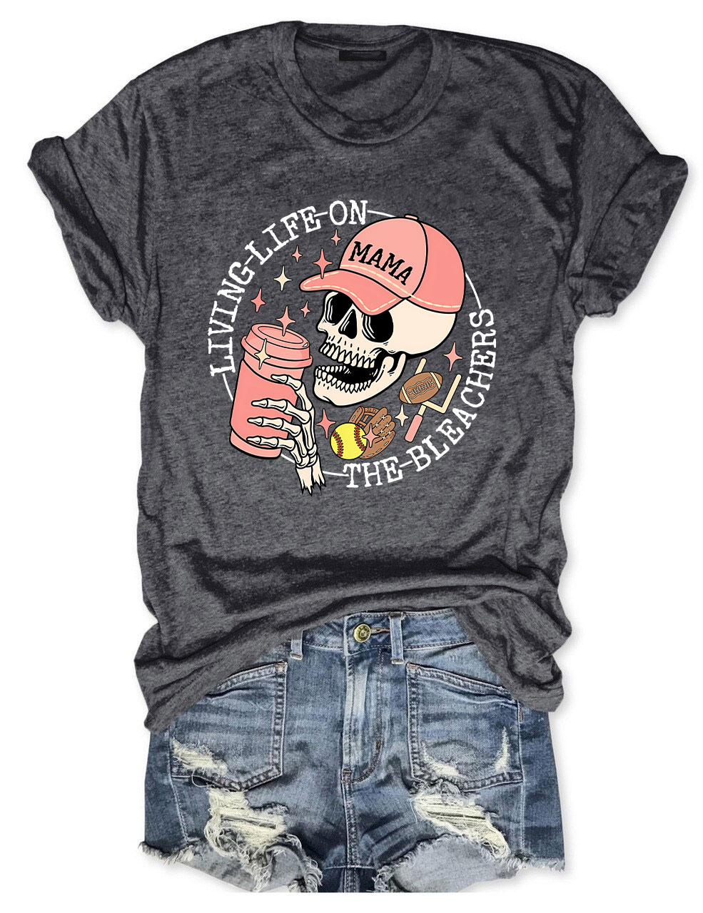 Living Life on the Bleachers Mama Skull Sports and Coffee T-shirt