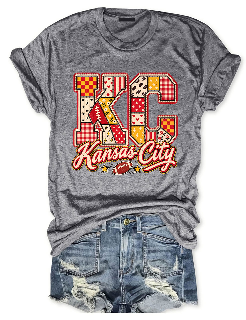 KC Kansas City Patchwork Football T-Shirt
