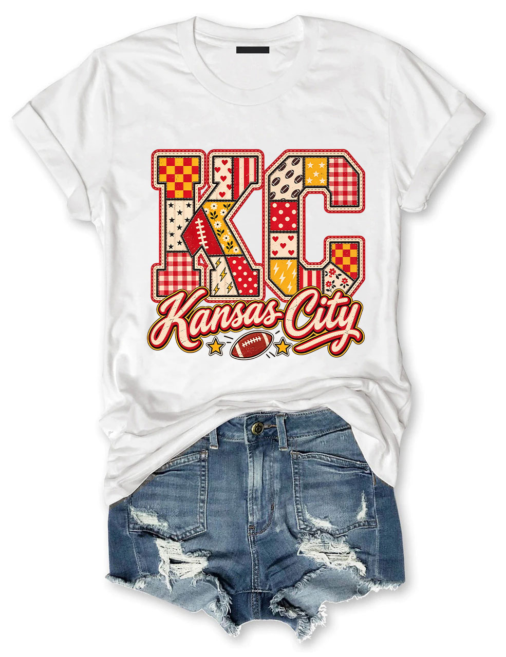 KC Kansas City Patchwork Football T-Shirt