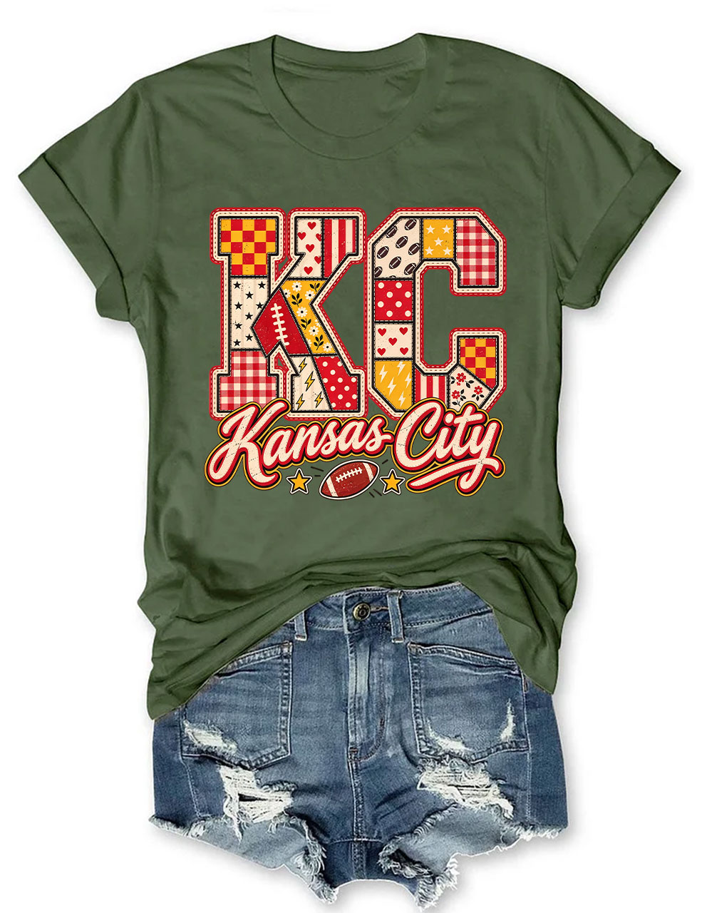 KC Kansas City Patchwork Football T-Shirt