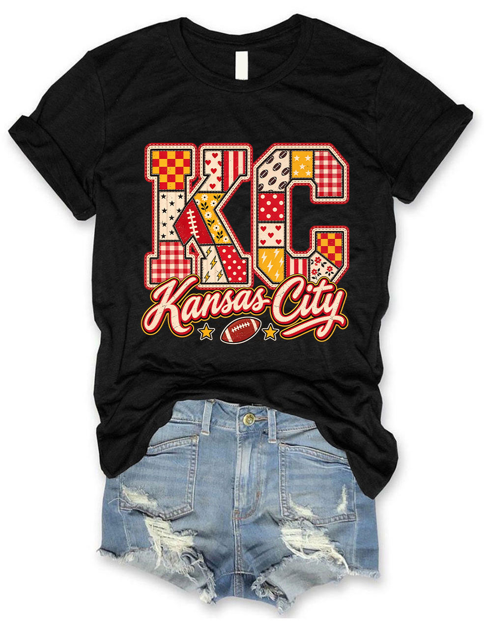 KC Kansas City Patchwork Football T-Shirt