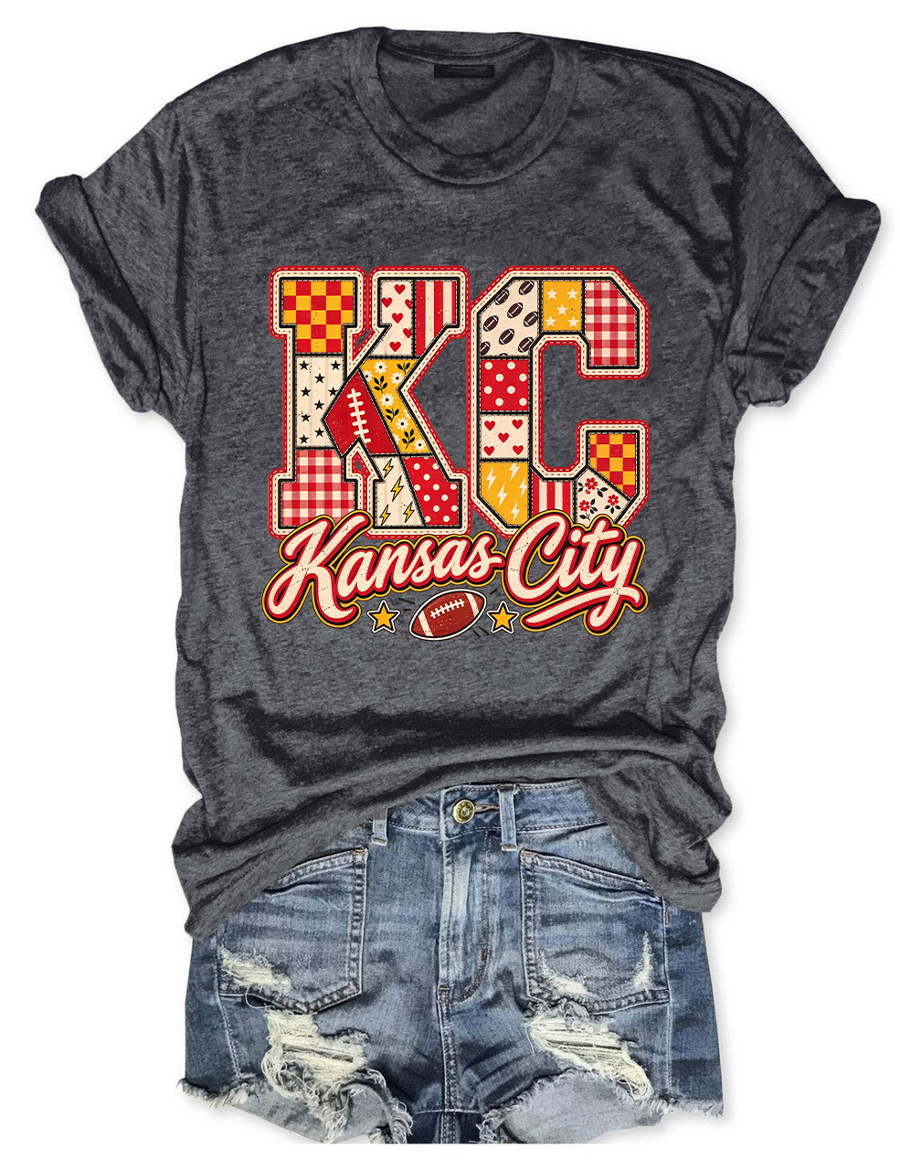 KC Kansas City Patchwork Football T-Shirt