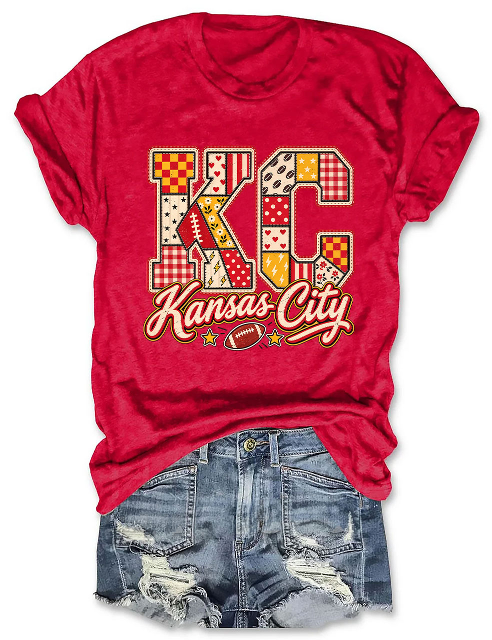 KC Kansas City Patchwork Football T-Shirt