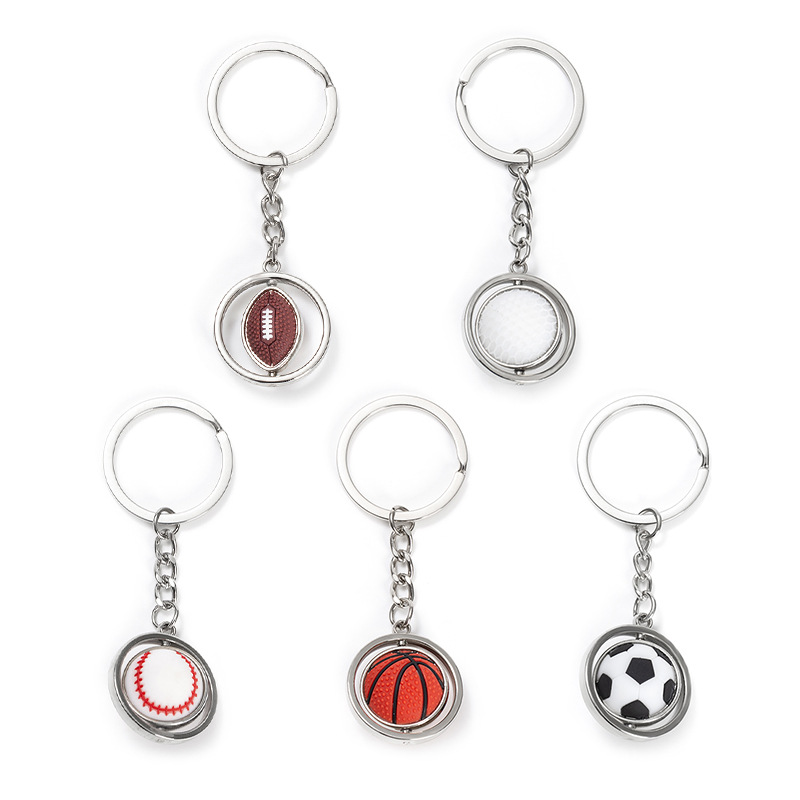 Rotating Small Basketball Soccer Golf Rugby Baseball Keychain Metal Ball Key Ring Gift