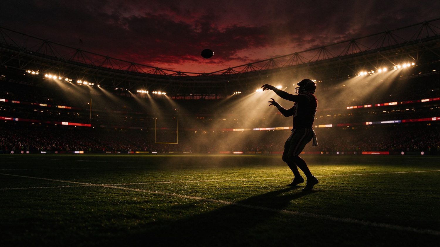 Quarterback passing under stadium floodlights