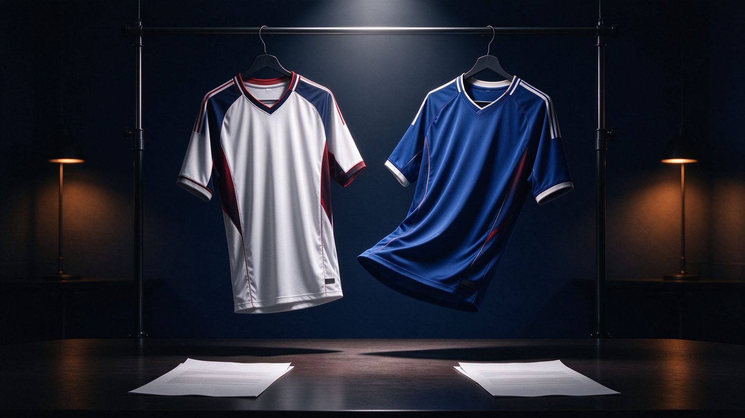 Two jerseys swapping on a hanger under a spotlight