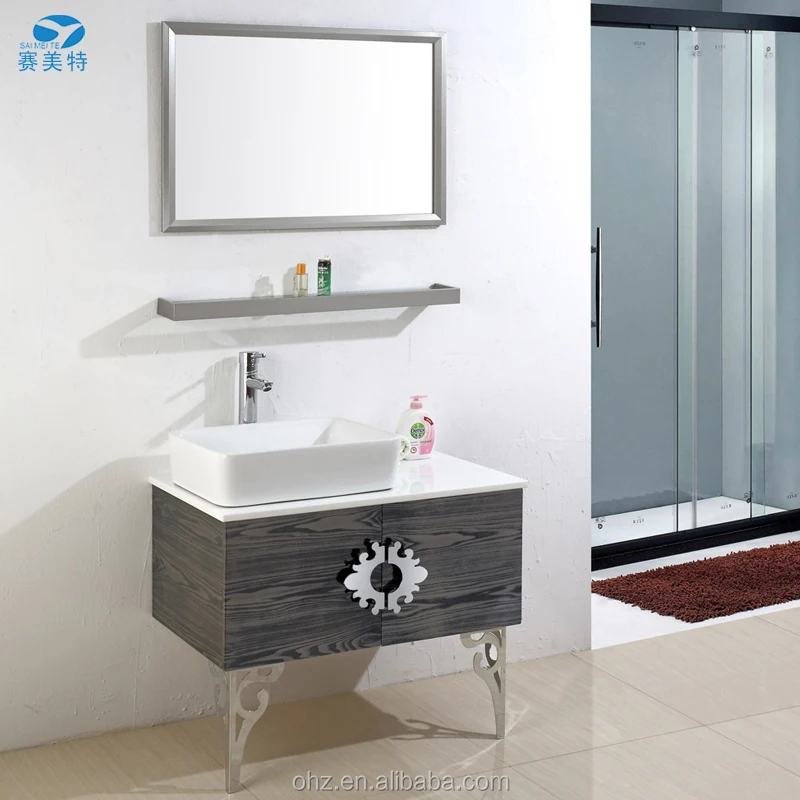 Antique wood-grain stainless steel bathroom vanity - front view