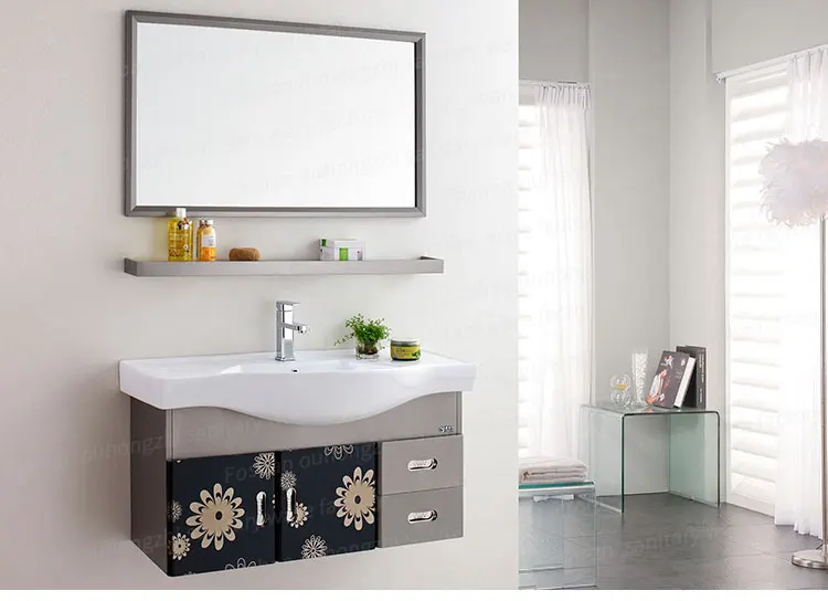 Front view stainless steel wall mounted vanity cabinet