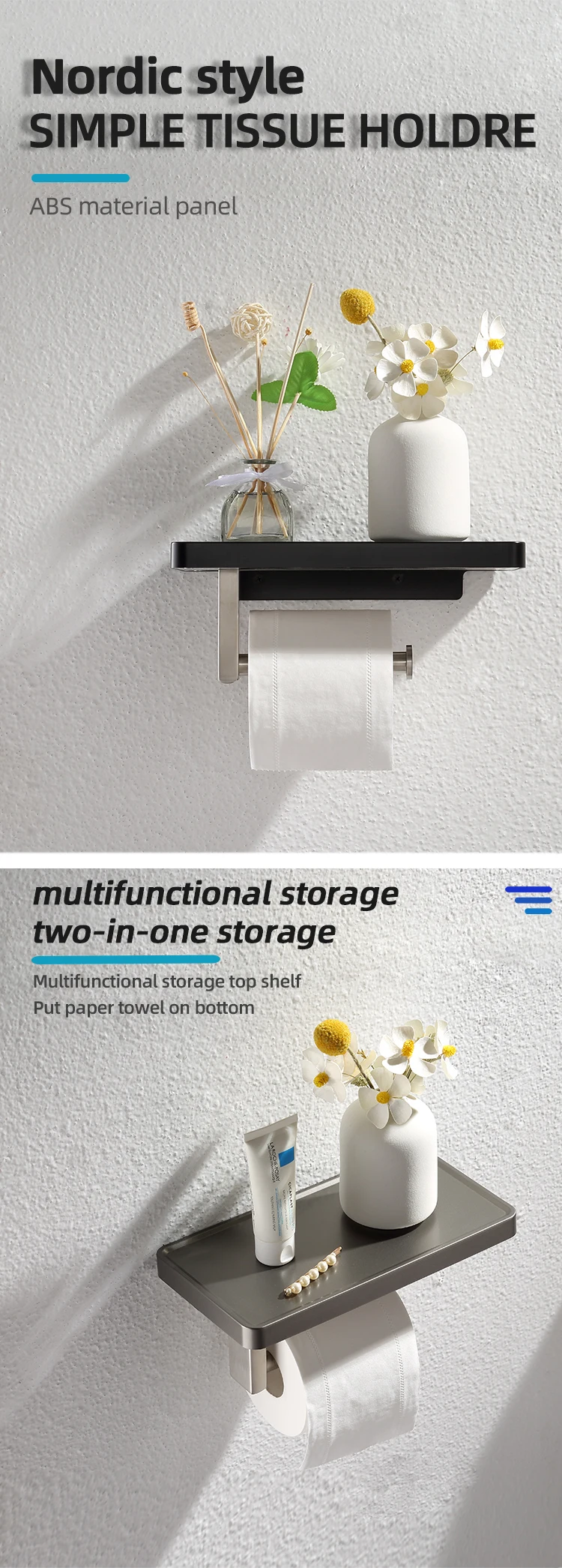 Black toilet paper holder with storage shelf - overall view