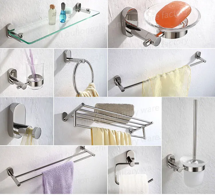 Complete stainless steel bathroom accessory set including toilet brush holder