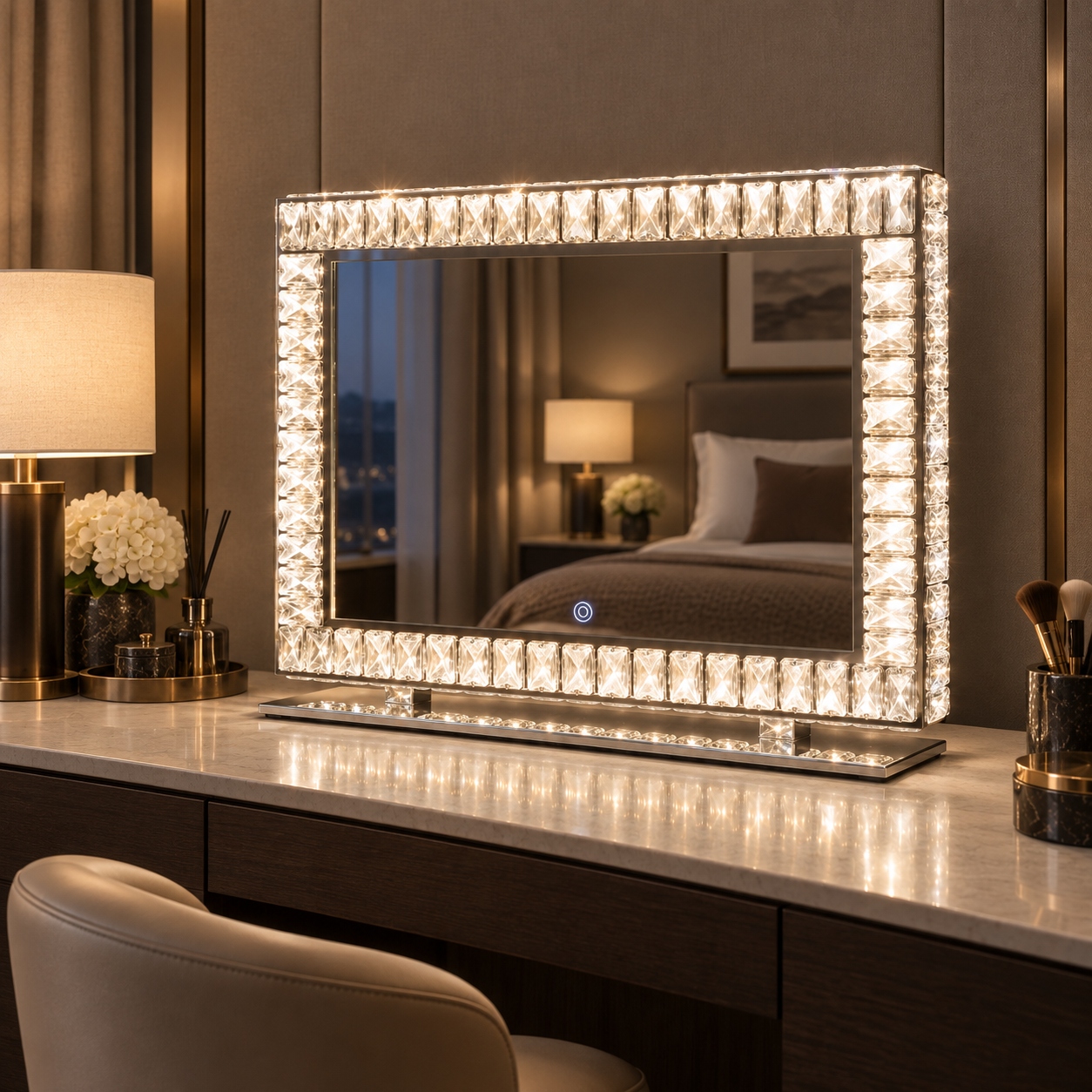 Crystal-framed makeup mirror on a vanity