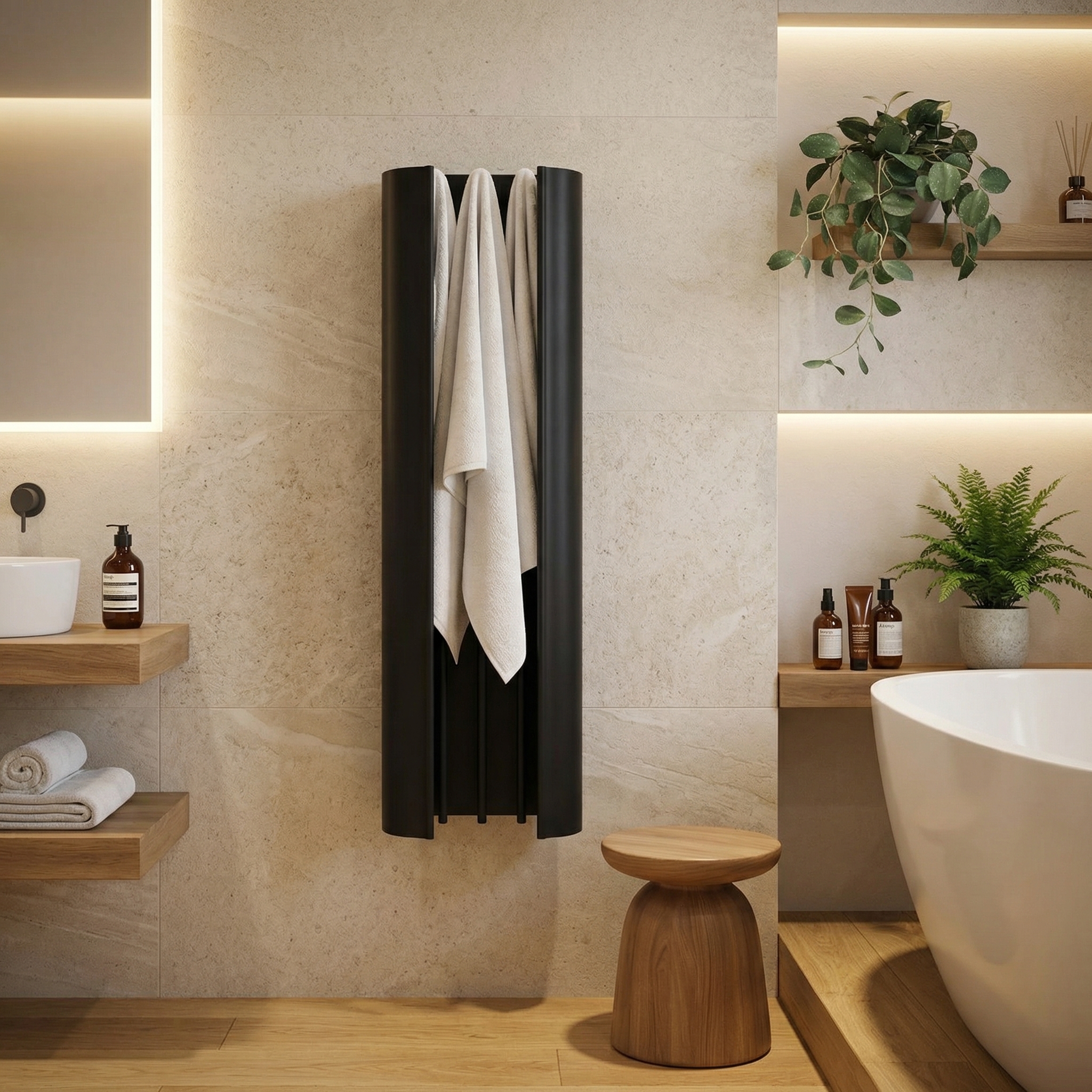 Comparison view of a compact vs. large-scale stainless steel heated towel rail.