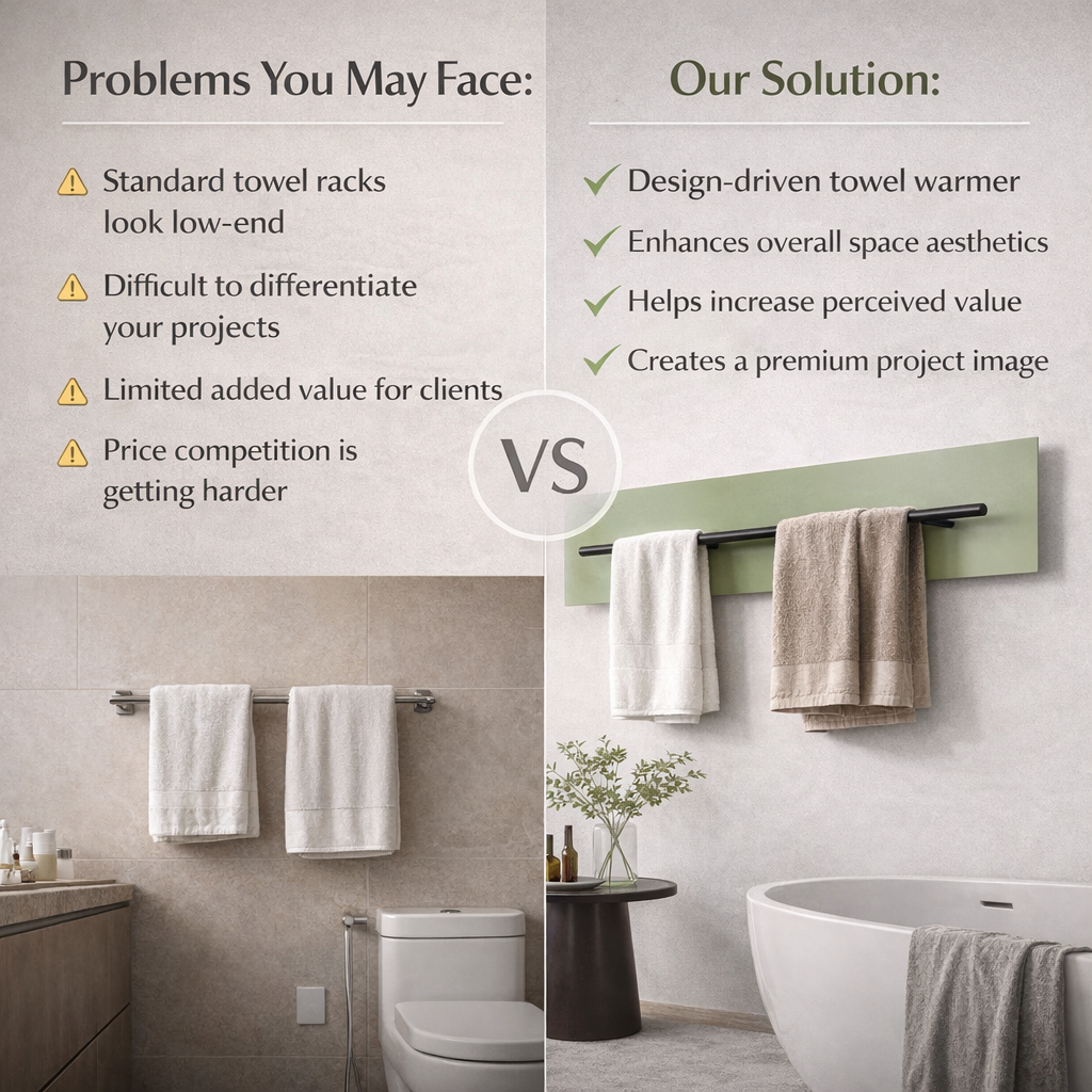 Modern bathroom featuring a Bergoto LED mirror cabinet and a matching towel warmer