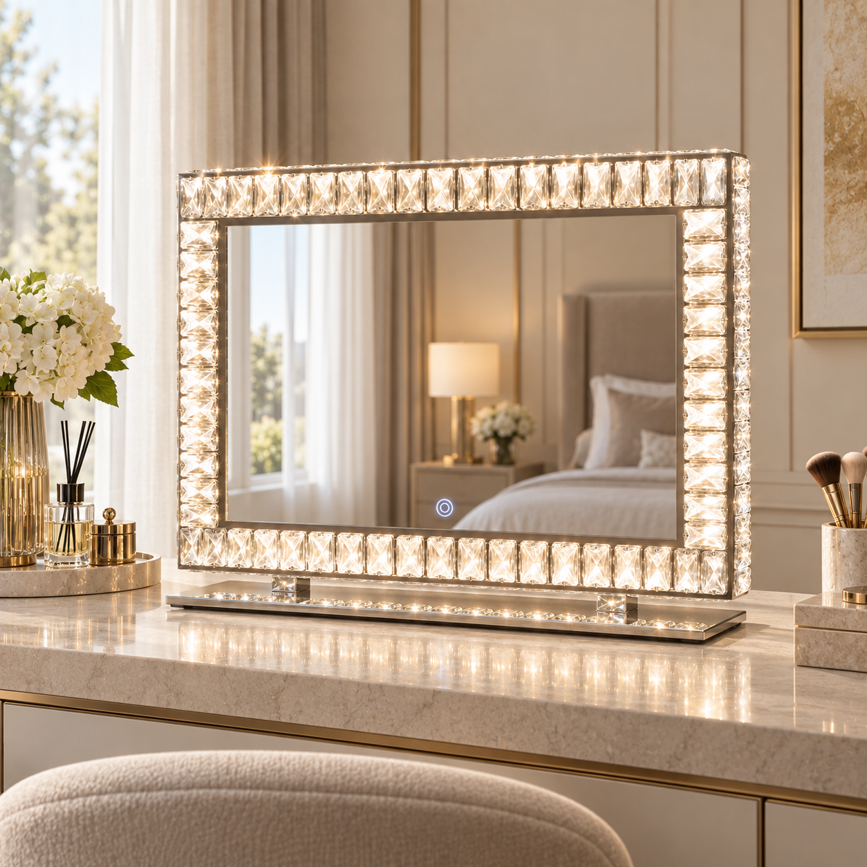 illuminated crystal vanity mirror on a dark dresser against a burgundy wall