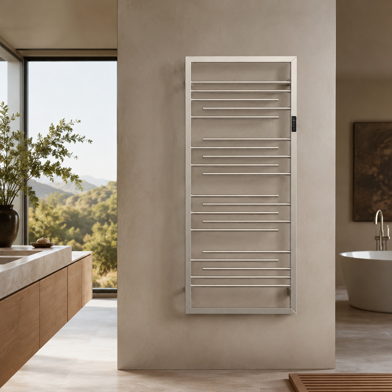 Modern luxury bathroom vanity and matte black heated towel bar system
