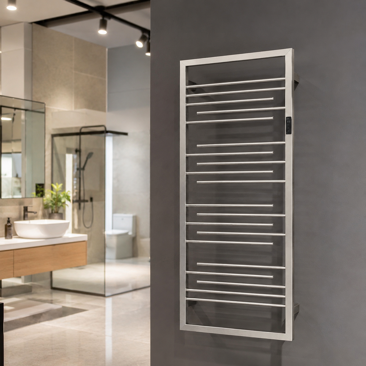 Commercial bathroom vanity cabinet and fast response towel warmer integration