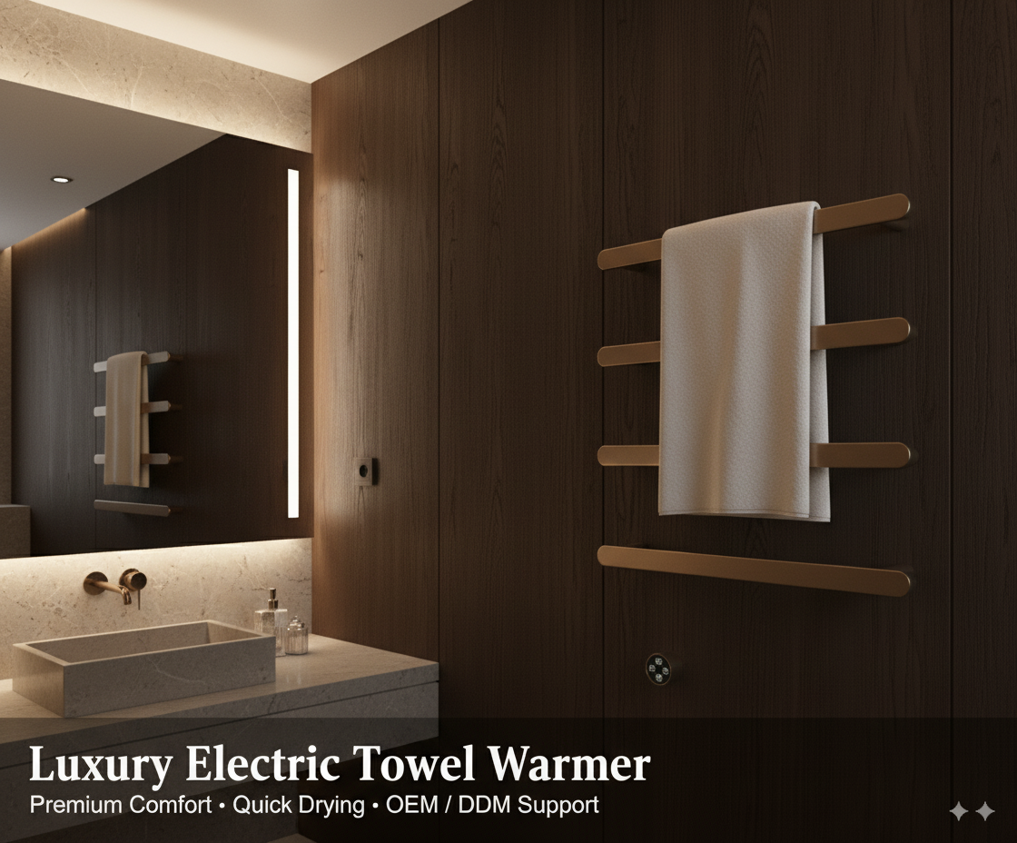 Electric towel warmer installation, commercial towel warmer, hardwired heated towel rack, premium heated towel rail, Bergoto, hotel bathroom amenities