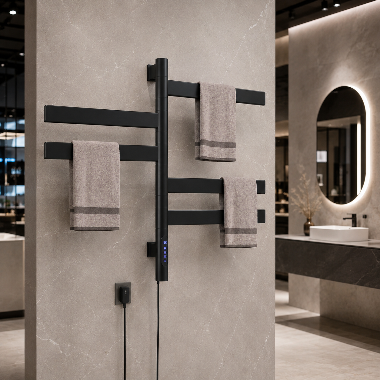 Stainless steel electric heated towel rail installed on dark luxury bathroom tile