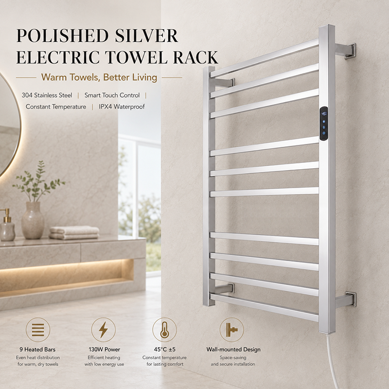 Wall-mounted LED mirror cabinet positioned next to a modern heated towel rail in a luxury commercial ensuite layout.
