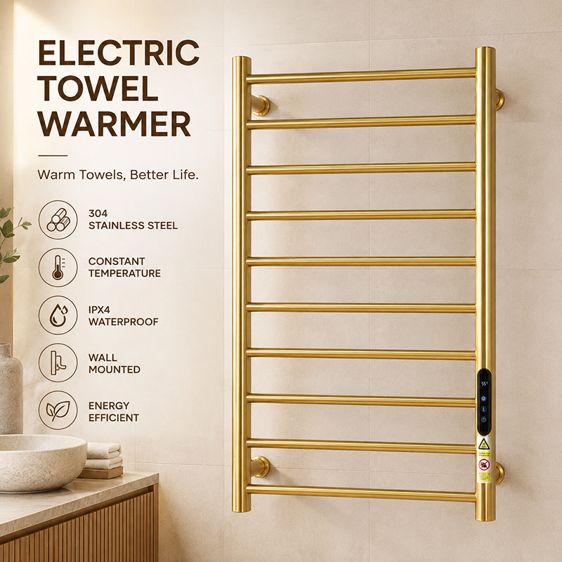 Bergoto stainless steel electric heated towel rack installed in a modern luxury hotel bathroom