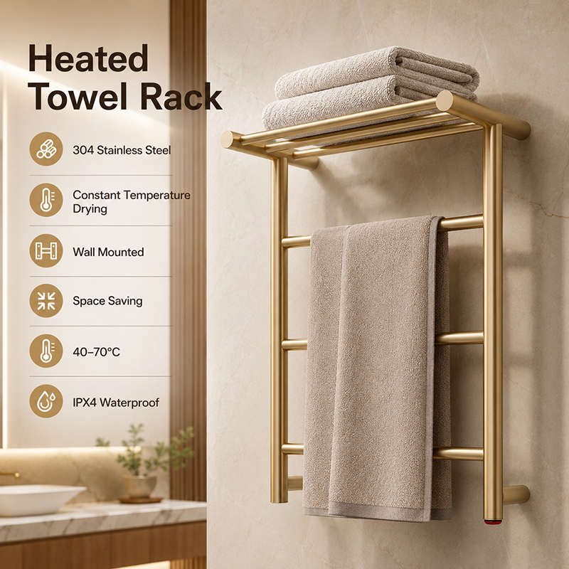 Bergoto stainless steel electric heated towel rack installed in a modern luxury bathroom