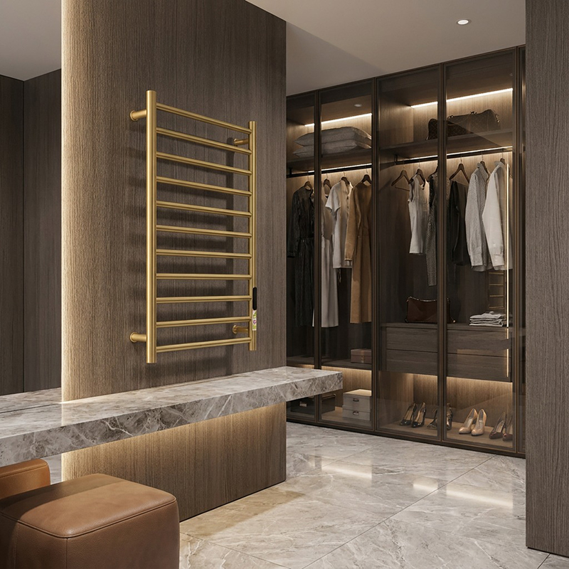 High-end hotel suite bathroom featuring Bergoto towel warmer racks and bathroom hardware