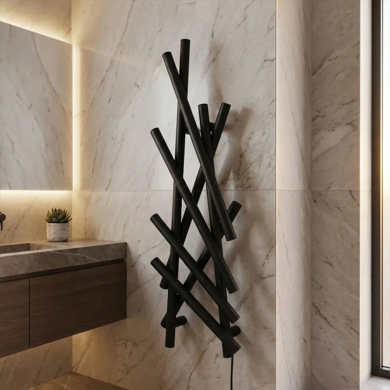 Matte black energy efficient electric towel warmer luxury hotel installation
