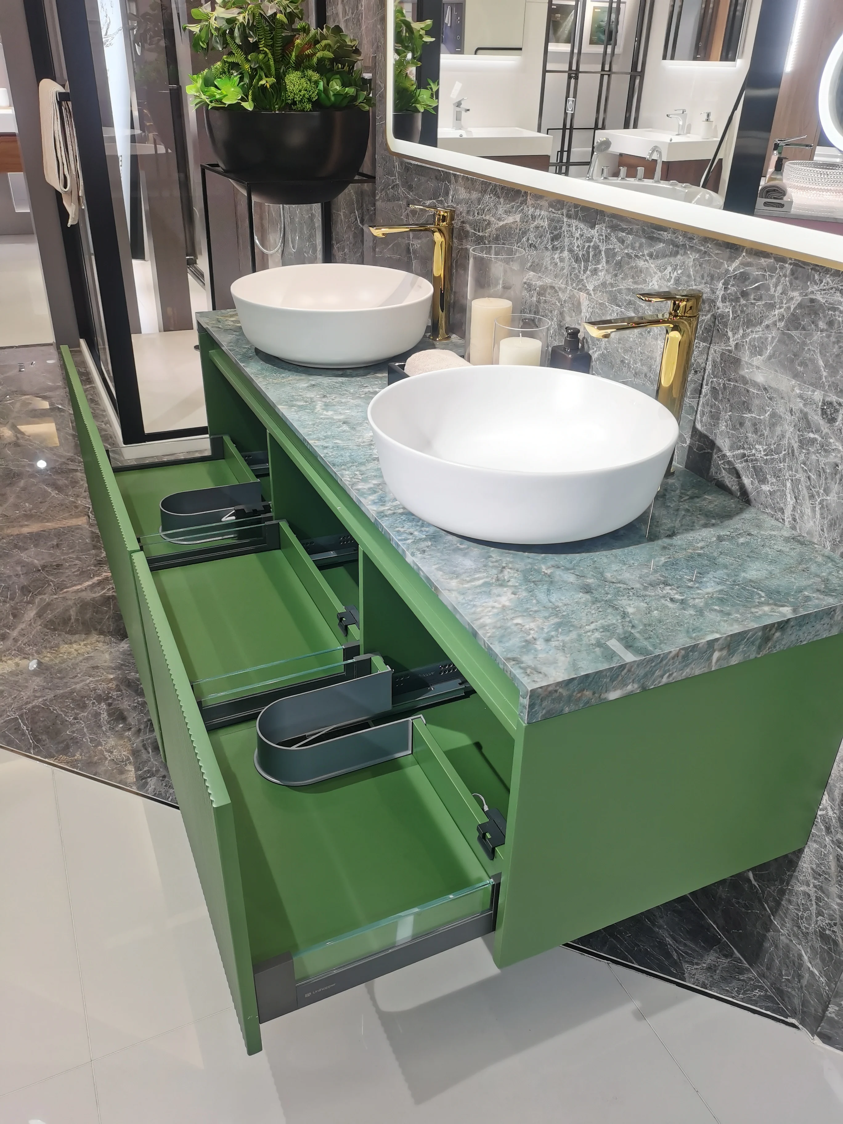 Bathroom vanity lighting cabinet with open storage and drawers