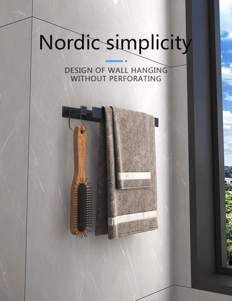 Matte black stainless steel towel rack with hooks - overall view