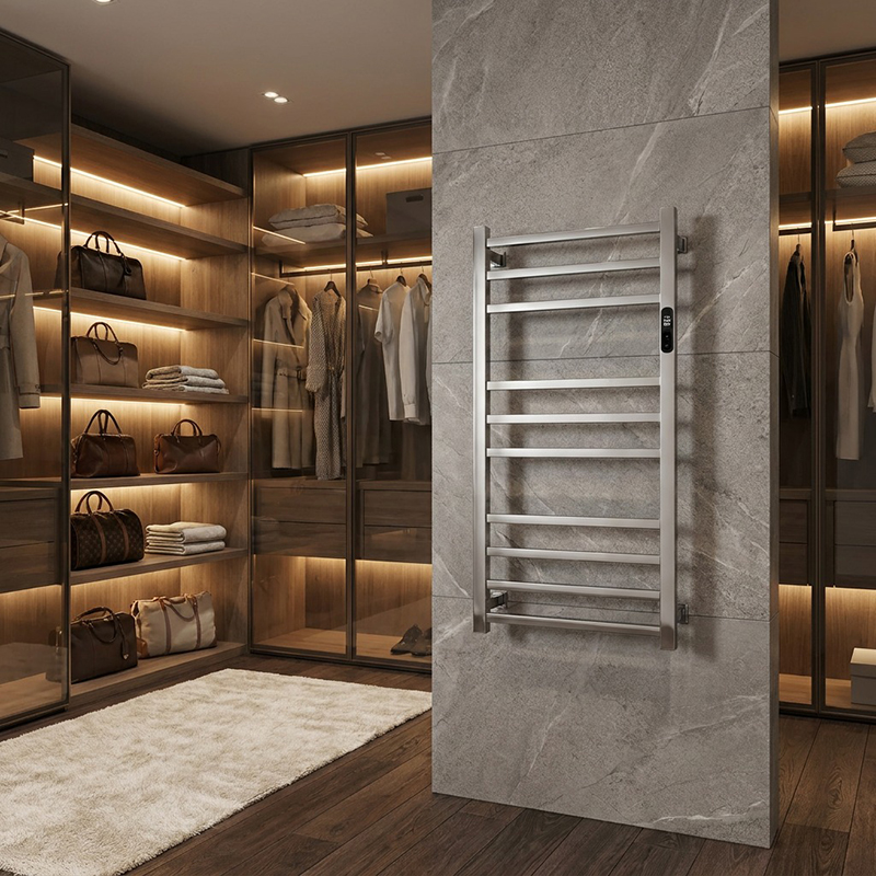 Modern digital timer control interface on an electric heated towel warmer
